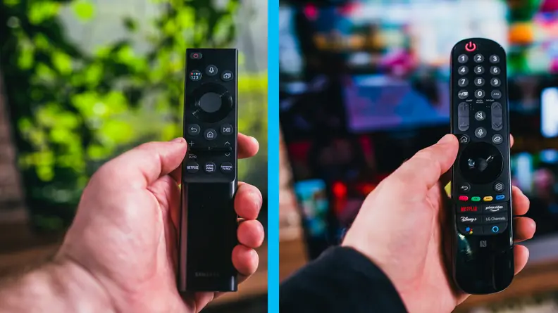 The LG C1's Magic Remote and the Samsung QN90A's Solar Cell Remote side by side