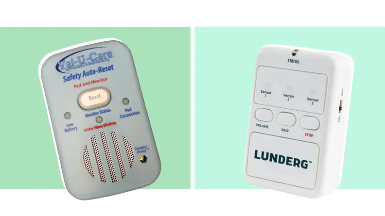 Photo collage of the Val-U-Care Safety Monitor and the Lunderg Bed Alarm & Chair Alarm System.