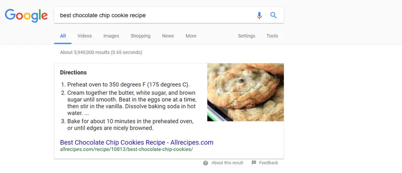 Google Home uses the knowledge box to inform the Google Home which recipe to use.