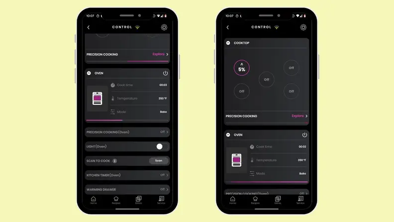Two phone frames with screenshots from the GE SmartHQ app.