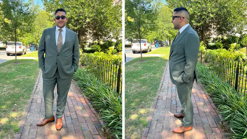 Side view and front view of the author wearing a green suit.