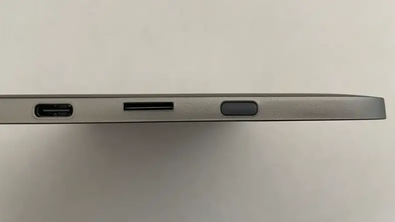 The bottom of the InkPad Color, which houses a power button, a USB-C port, and a microSD card slot.
