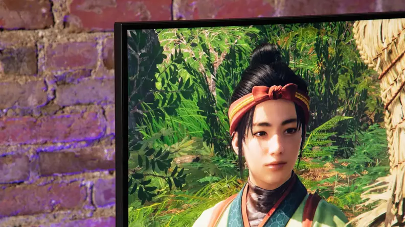 The monitor displaying the video game 'Wild Hearts.'