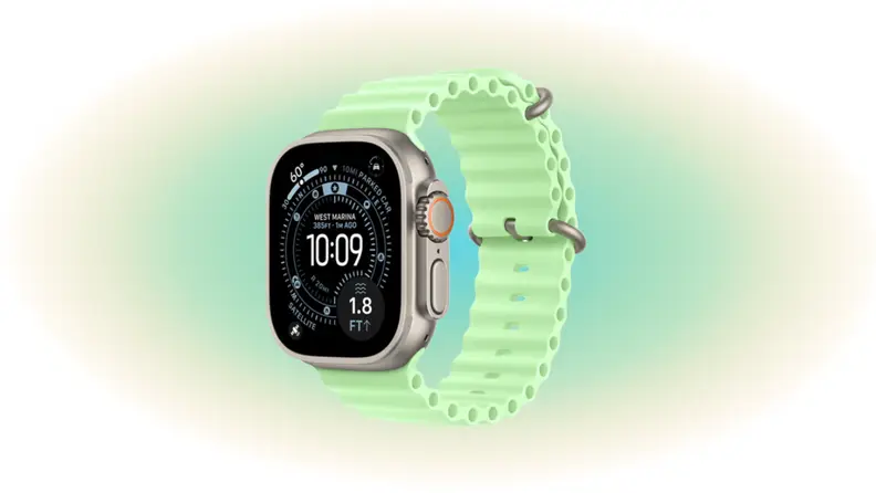 A green smartwatch on a green elliptical background
