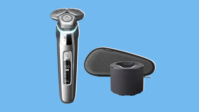 Philips norelco 9500 shaver on a blue background