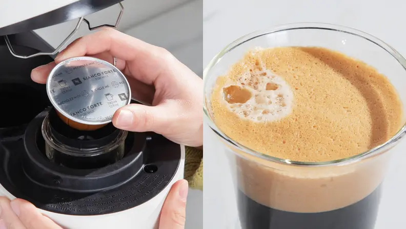 Left: hand inserting Nespresso Vertuo pod into machine. Right: frothy cup of Nespresso coffee