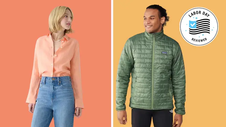 A man and a woman wearing Labor Day fashion deals in front of colored backgrounds.