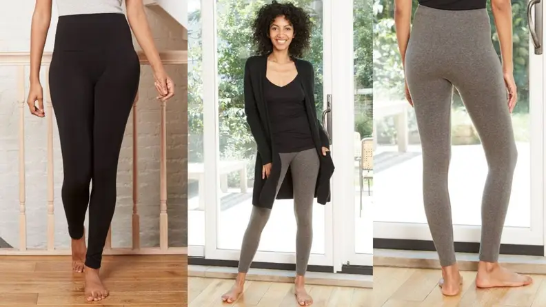 Three images: On the left, a model (shown from the waist down) sports black leggings. In the center, a smiling model poses in gray leggings and other loungewear. To the right, a model poses in the gray leggings (shown closer from behind).