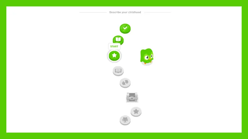 A Duolingo lesson path screen showing progress through the “Describe your childhood” unit, with the owl mascot standing next to the current lesson.