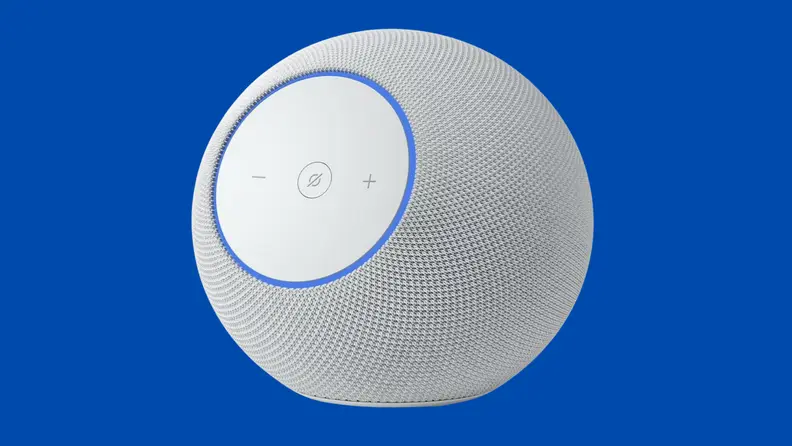 A round white speaker on a dark blue background