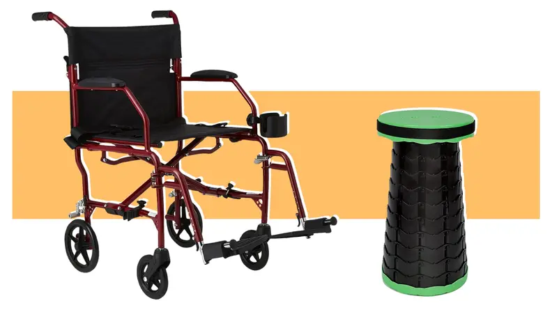 A black Medline Transport wheelchair next to a Giraffe Creation Folding Stool