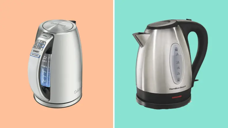 Two electric kettles against orange and blue background