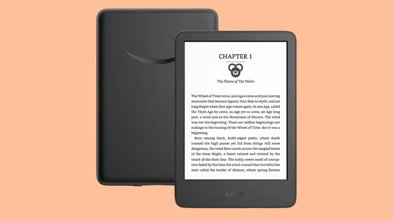 A Kindle tablet on an orange background.