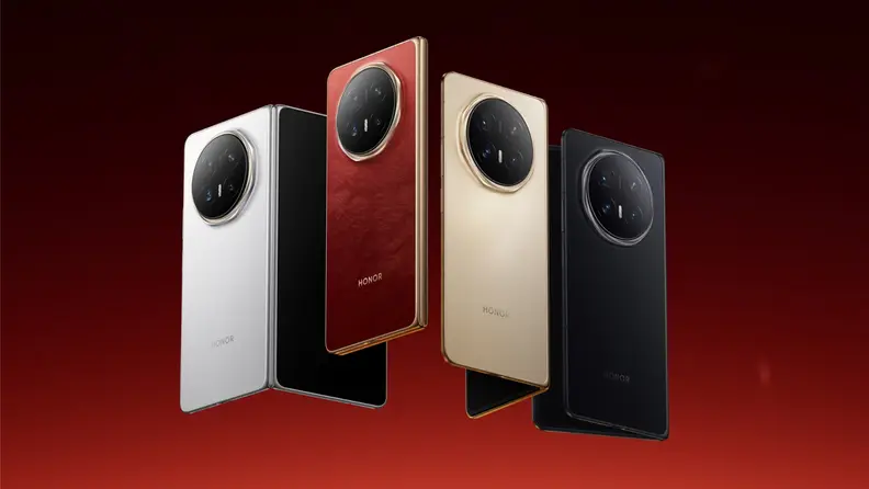 Honor foldable smartphone shown in multiple colors with its thin folding design and large circular camera module.