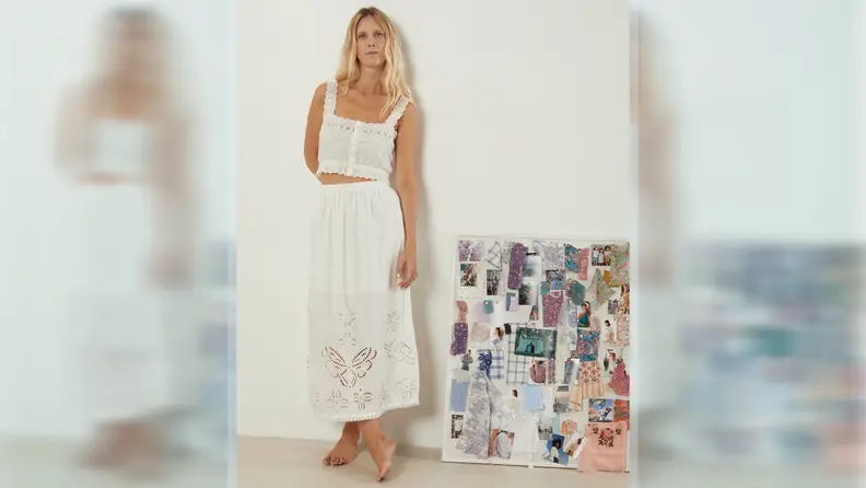 Marie Pidancet wearing a matching white Bohemian-style cotton poplin skirt and top.