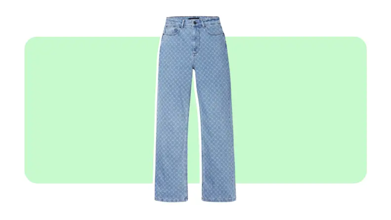 A pair of medium-wash wide-leg denim.