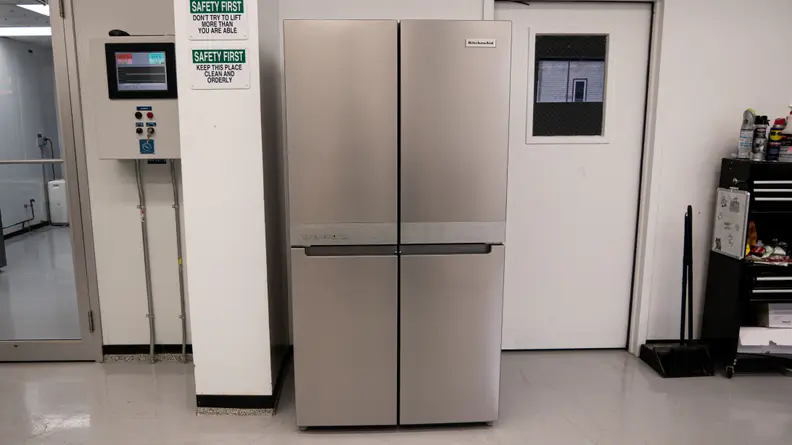 The KitchenAid KRQC506MPS features custom freeze zone, sliding storage trays, and ExtendFresh temperature.
