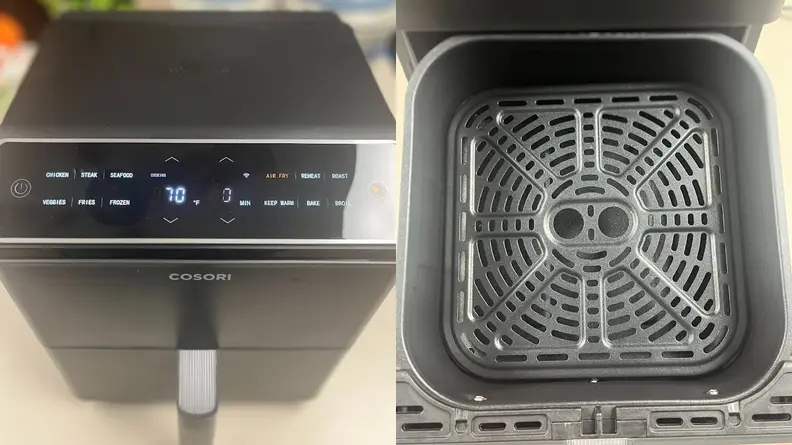 Photo collage of the Cosori Dual Blaze Smart air fryer on countertop and the empty fryer basket.