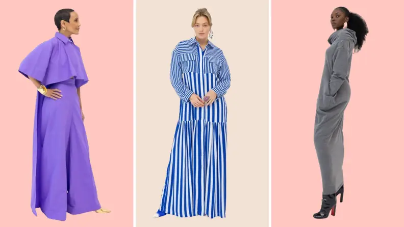 Collage image of a model wearing a purple ensemble, a model wearing a blue and white printed maxi dress, and a model wearing a gray sweater dress.