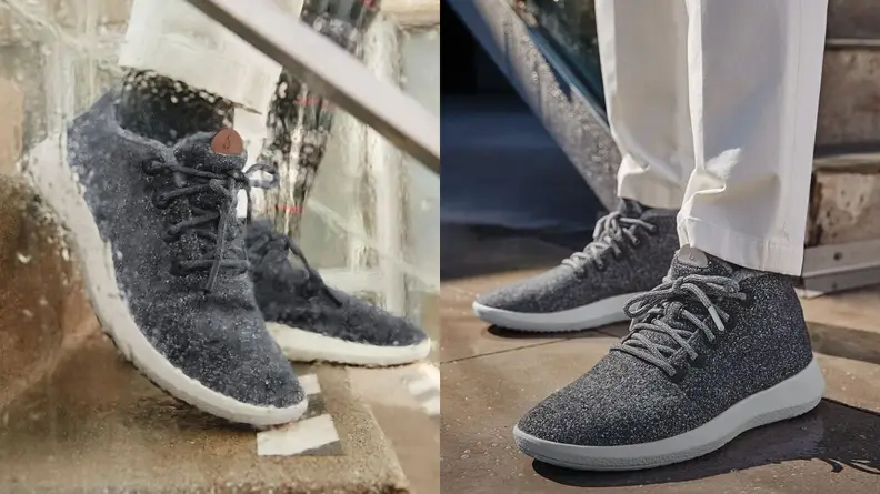 Pair of feet on steps wearing weatherproof Allbirds.