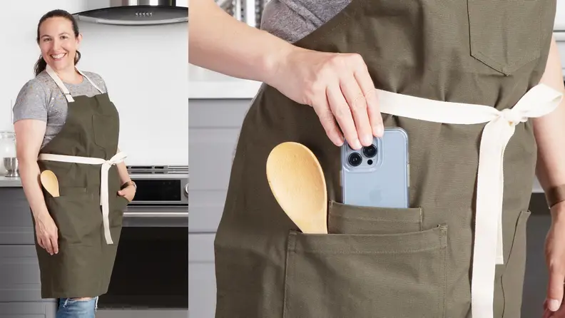 Left: person wearing olive green Helt Gardener Apron. Right: person sliding phone into Helt pocket, next to wear wooden spoon is stored