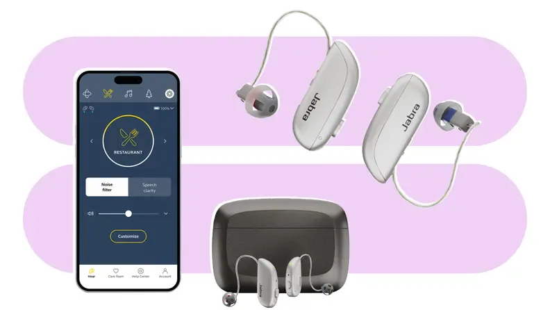 Jabra Enhance Select 500 app, charging case, and hearing aids on a colorful background
