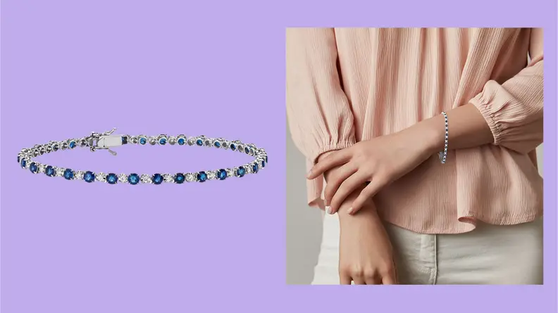 A Blue Nile sapphire and diamond bracelet Bracelet shown next to a photo of a person wearing the bracelet.