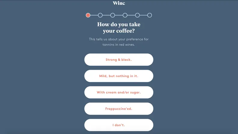 A screenshot of a flavor quiz to help evaluate which type of wine you might like.