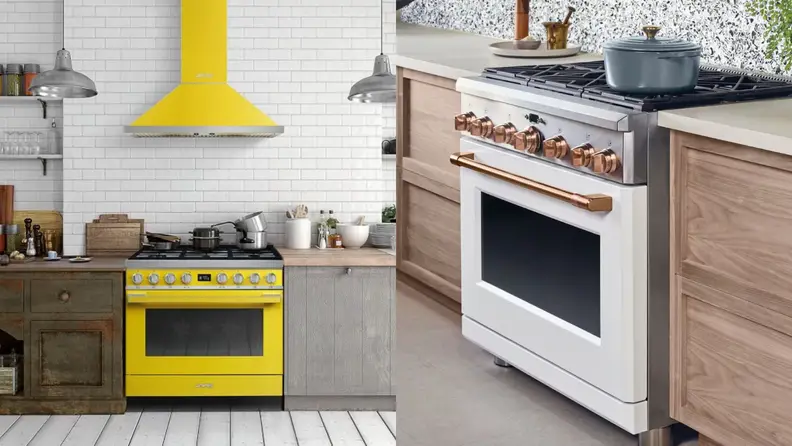 On left, a yellow oven with a matching hood. On right, a GE range with rose gold hardware.