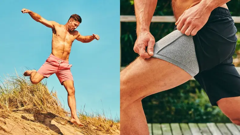 Man wearing a pair of Fair Harbor swim trunks at the beach. Man pulling liner out from underneath Fair Harbor swim trunks.