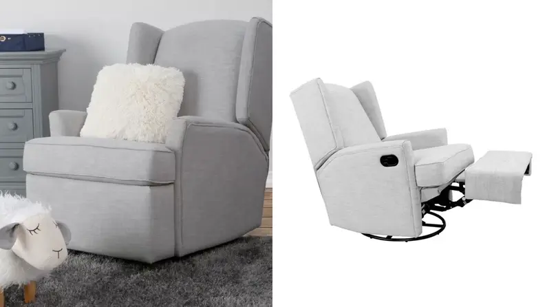 A side-by-side image of a second story home recliner fully reclined next to a picture of the chair in a baby's nursery
