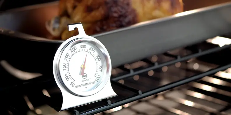 Admetior oven thermometer inside an oven next to a roasting pan with food inside.