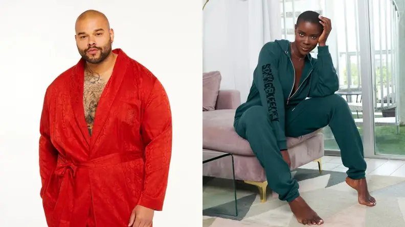 Man wearing red Savage X Fenty sleepwear smoking jacket, woman wearing Savage X Fenty green sweatsuit.