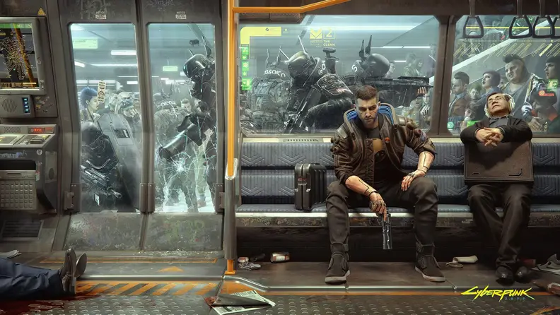 A promo image for cyberpunk 2077 showing a man on the subway