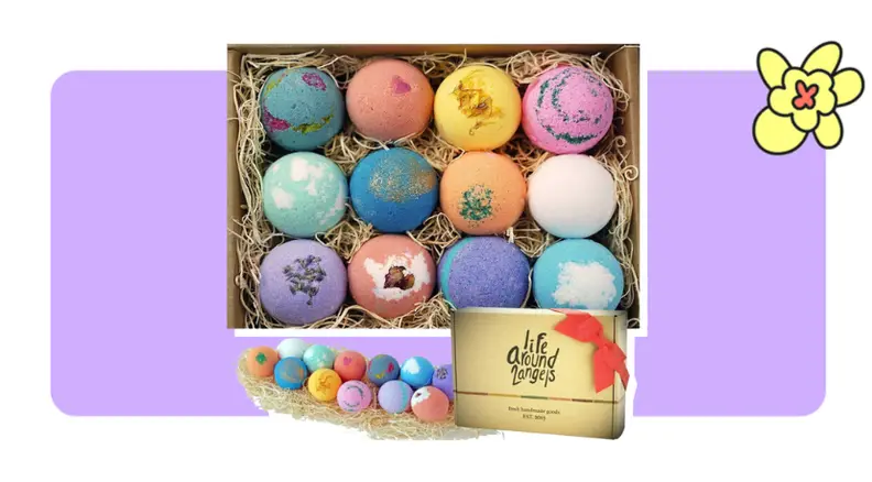 A container filled with 12 colorful bath bombs in front of purple background with a yellow cartoon flower in the corner.