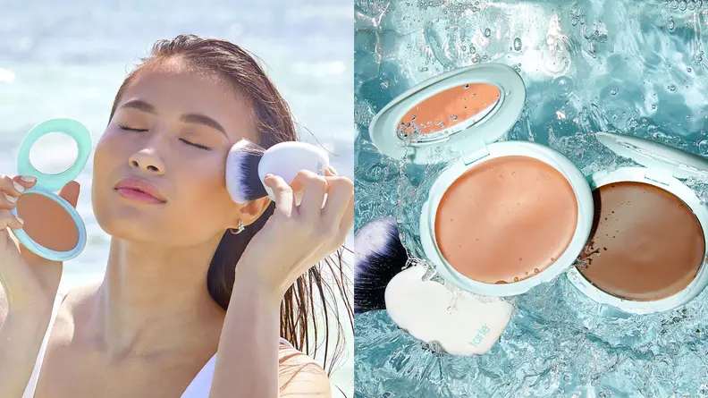 On the left: A person in a pool closes their eyes and applies the Tarte Sea Breezy Cream Bronzer to their skin with a brush. On the right: Two Tarte bronzers of in light and dark brown shades float on water with a brush next to them.
