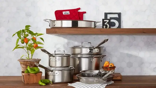 Silver pots and pans in a tidy kitchen