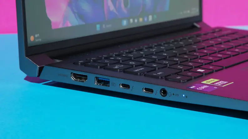 The side of the Acer Swift X 14 laptop features USB ports.