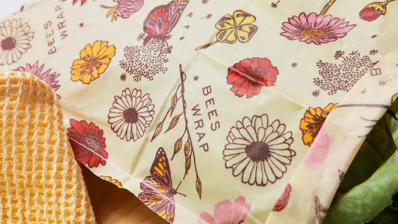 A floral design motif on a reusable Bee's Wrap produce bag.