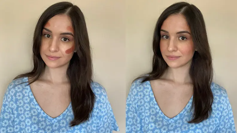 Writer Sara Miranda in a dual image. In the left image, she has blush not yet blended in to the skin on her face; in the right, the blush is blended in.