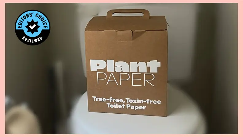 A box of PlantPaper bamboo toilet paper on a toilet
