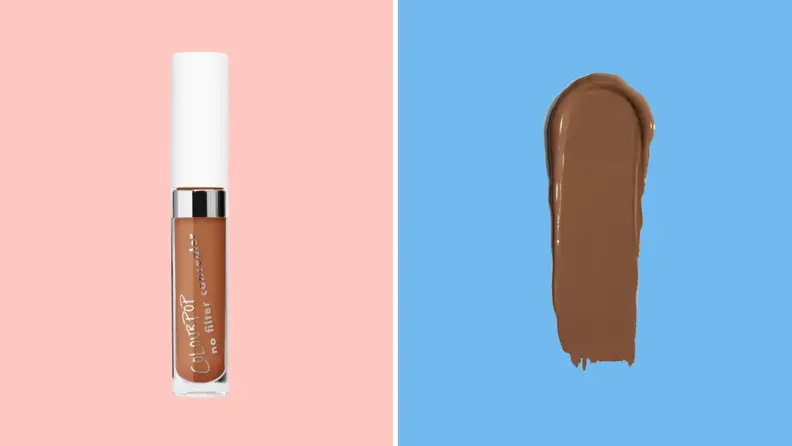 A bottle of Colourpop concealer against a pink background, and a bottle of the same concealer against a blue background