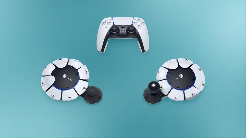 Three different sony playstation controllers, including two variants of an accessible controller.