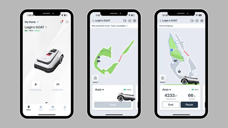 Three screen shots of the Ecovacs app on a gray background