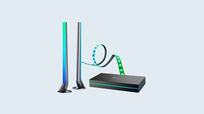 A smart light hub is shown with a winding strip of lights leading to two vertical light bars.