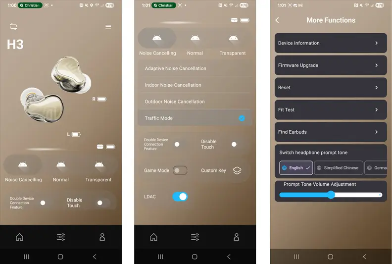 Three app screens