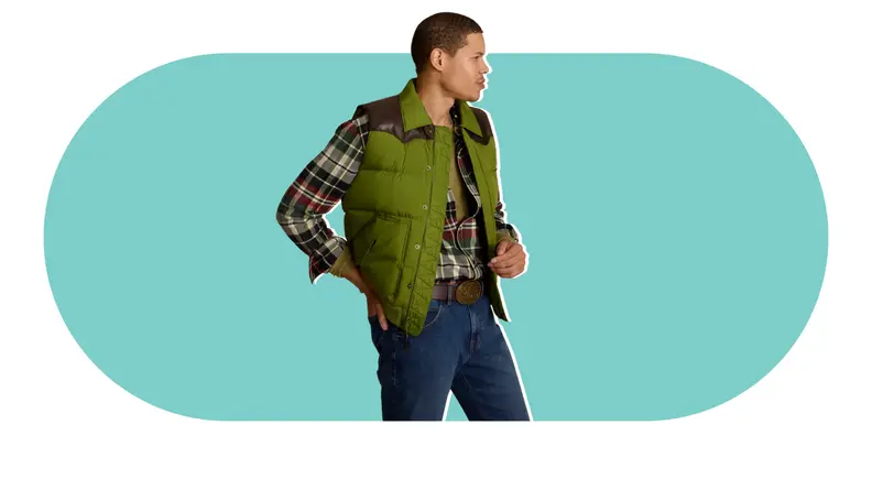 A male model wearing a Western-inspired puffer vest.
