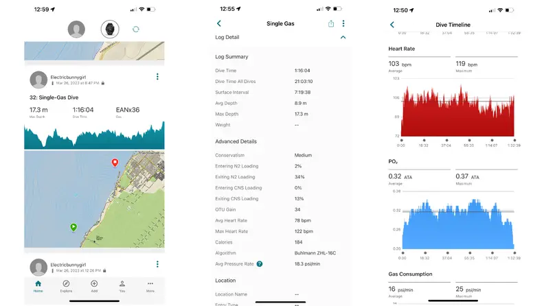 Three screenshots from the Descent app that has data logs of different swim logs and heart rate tracking.
