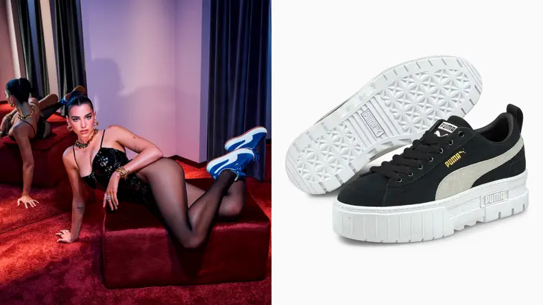 Dua Lipa wearing suede Puma shoes, pair of black Puma sneakers