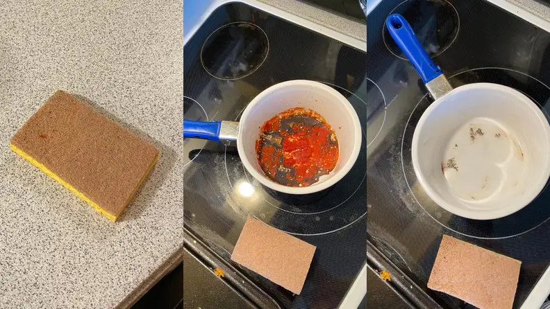 Before and after photographs of a natural sponge, a dirty pot, and the cleaned-up results.